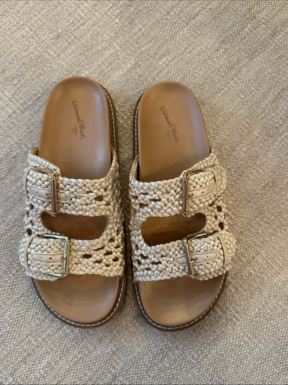 Universal Thread Braided Double-Buckle Slide Sandals in Natural Beige